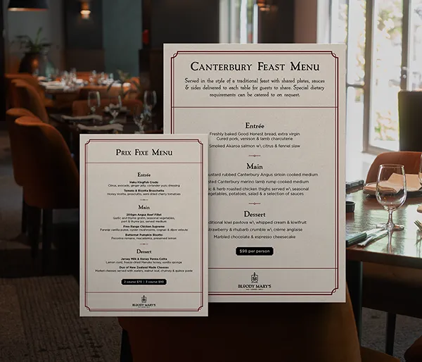 Bloody Mary's Food Menus designed by Sinclair Creative Agency