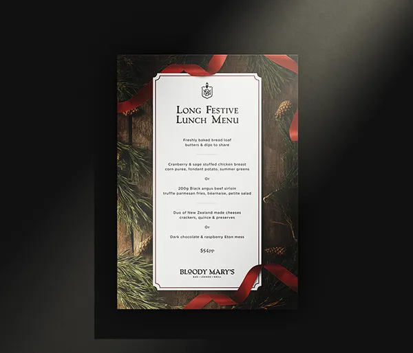 Christmas Menu Design for Bloody Mary's by Sinclair Creative Agency