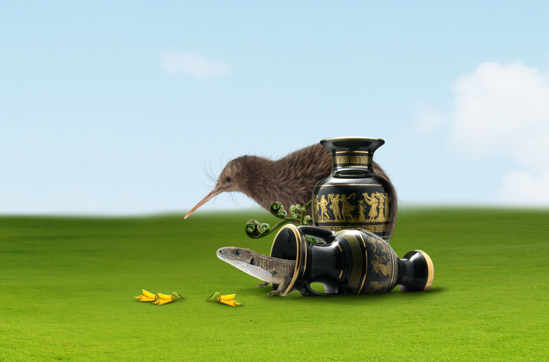 Kiwi, and lizard coming out of a greek urn photoshopped artwork