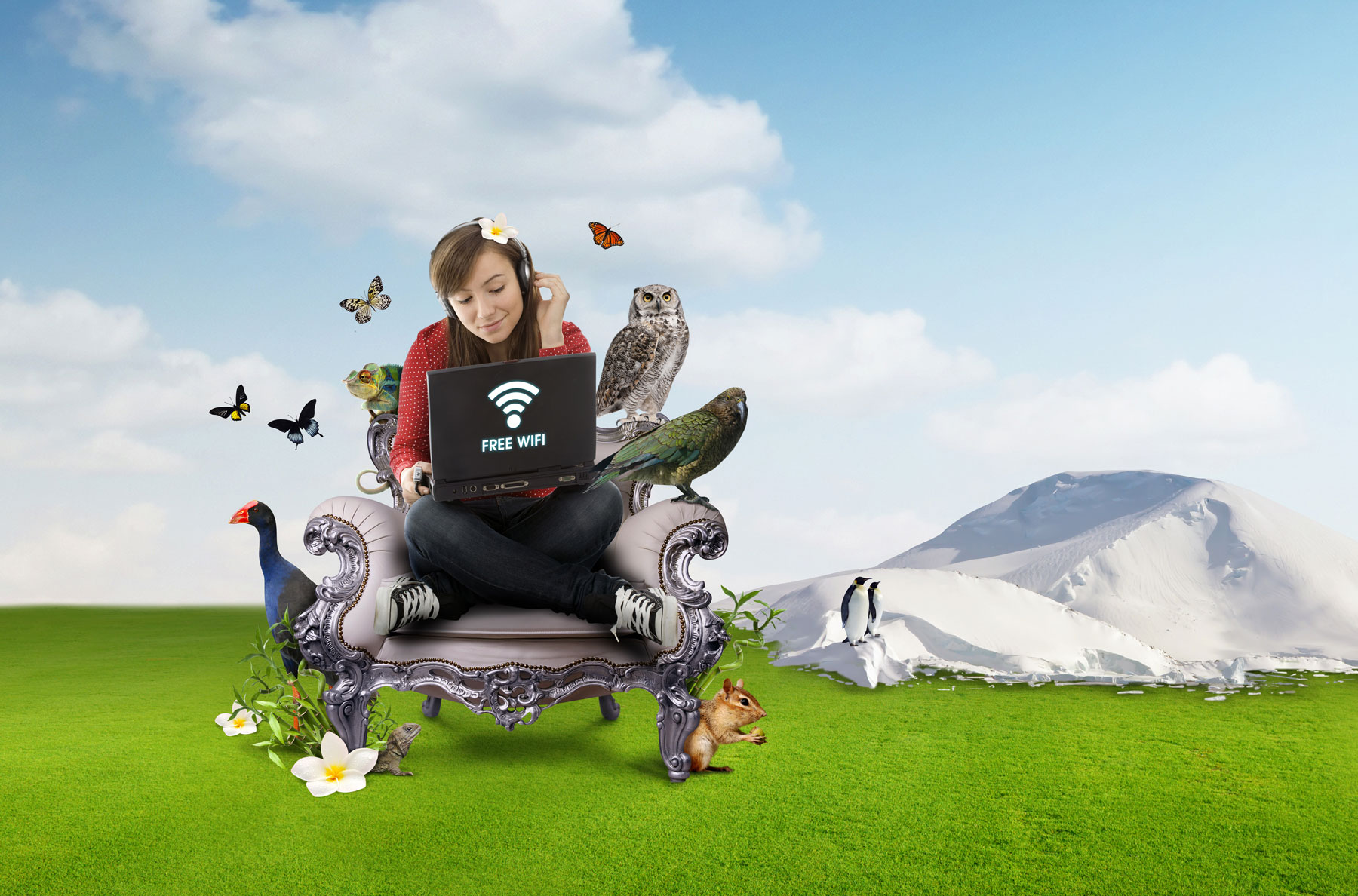 beautiful girl sitting on ornate chair surrounded by animals