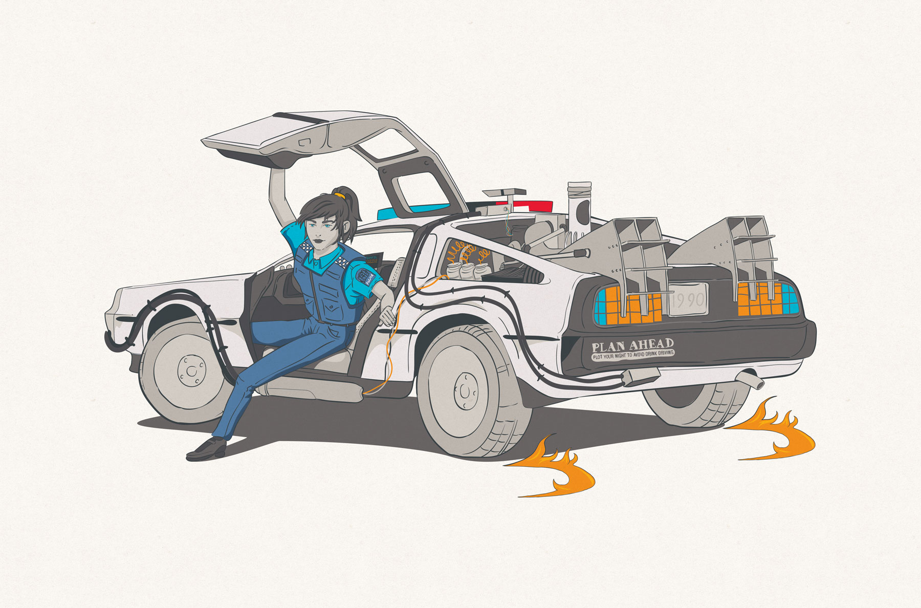 plan ahead poster — police officer stepping out of a Back to the Future style DeLorean