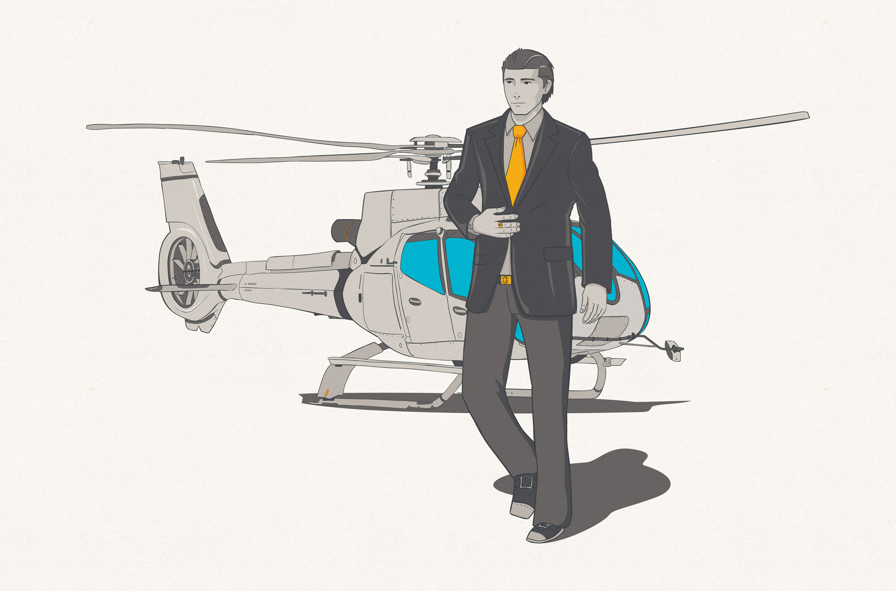 plan ahead campaign poster illustration — private helicopter and 50 shades of gray style man