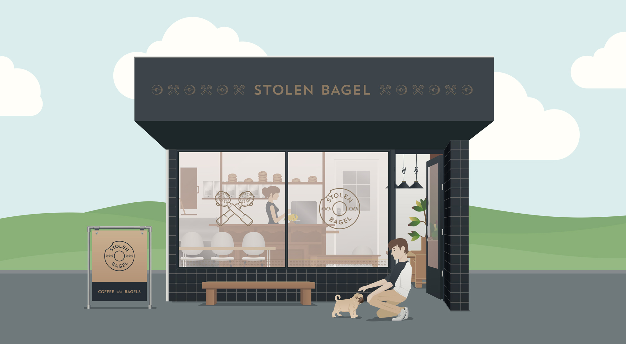 Illustraiton of Stolen Bagel shop front with branding by Sinclair Creative Agency