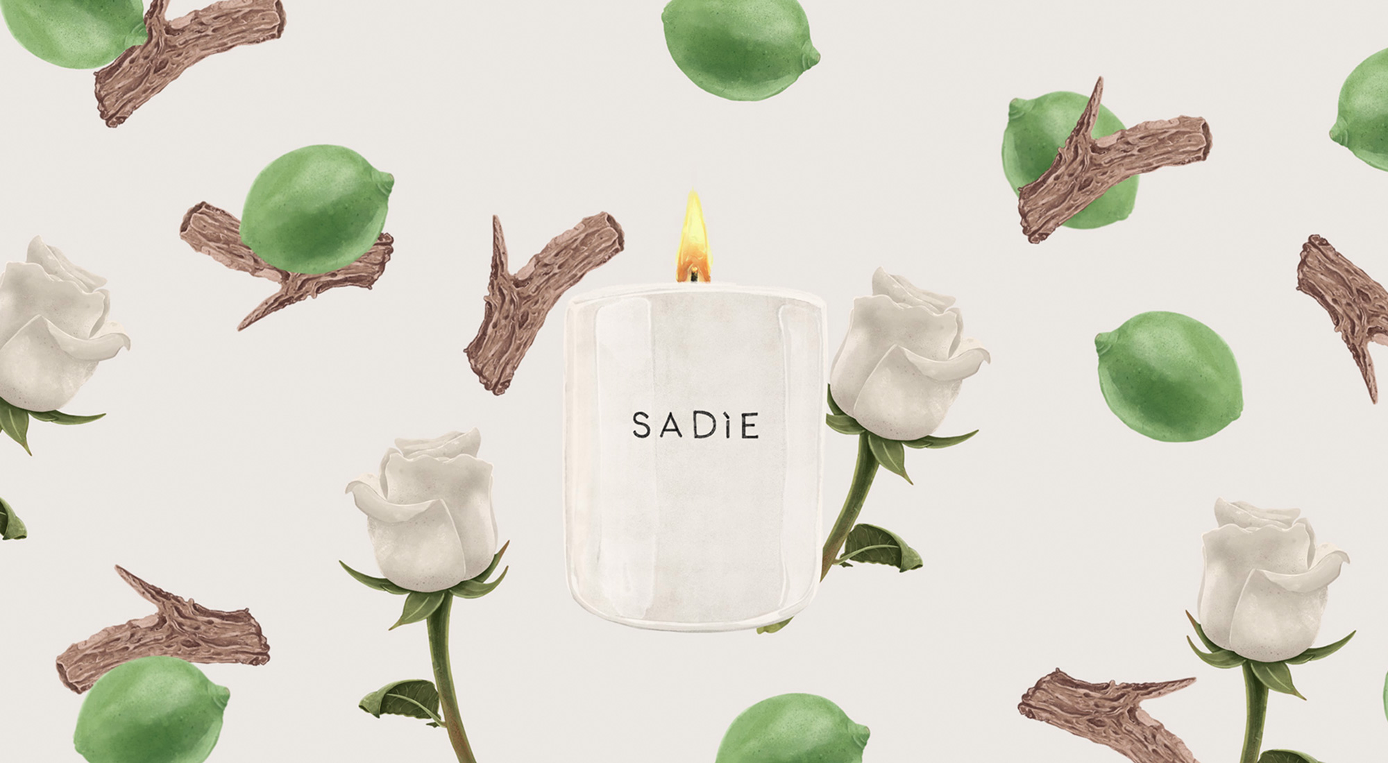 Illustrated rose and antler for Sadie Candles by Sinclair Creative Agency