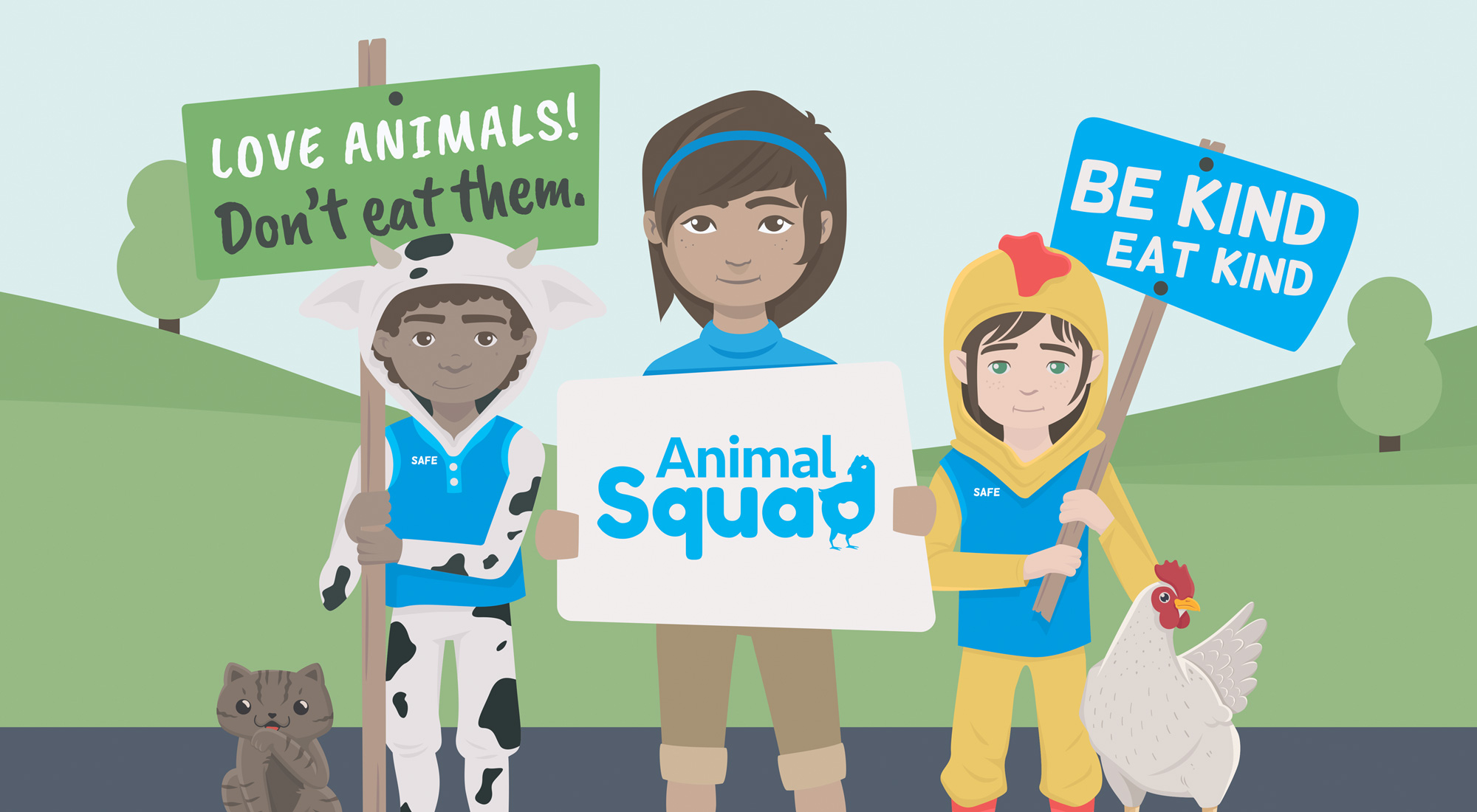 Illustration of Children Prostesting for Animal Rights for Safe Animal Squad by Sinclair Creative Agency