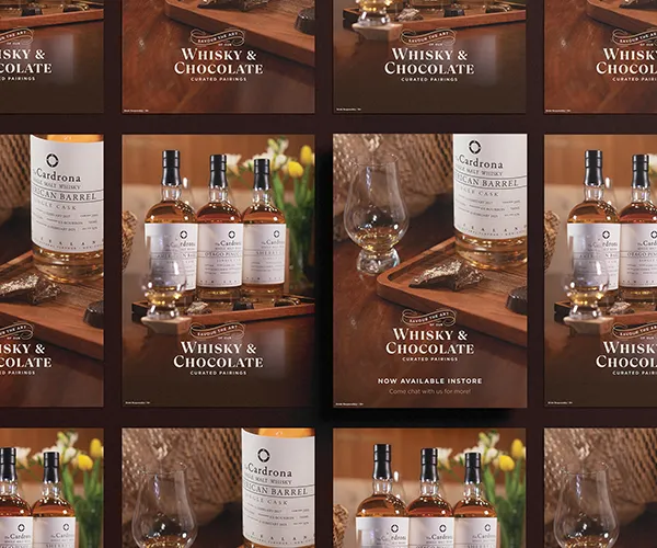 series of posters advertising whisky & Chocolate Pairing for Christchurch patisserie design and photography by Sinclair Creative