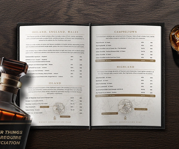 Whisky Appreciation Club Welcome Whisky Menu Design by by Sinclair Creative Agency NZ