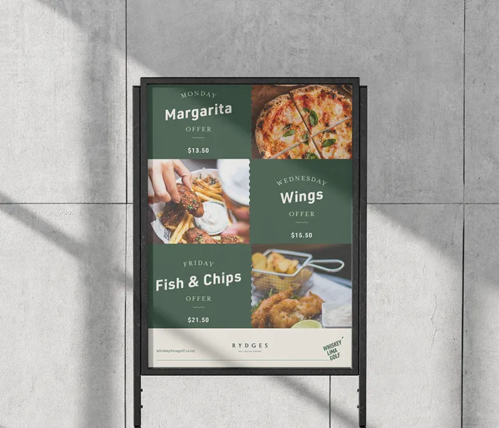 Whisky Lima Golf's weekly restaurant offers, graphic Design by Sinclair Creative Agency